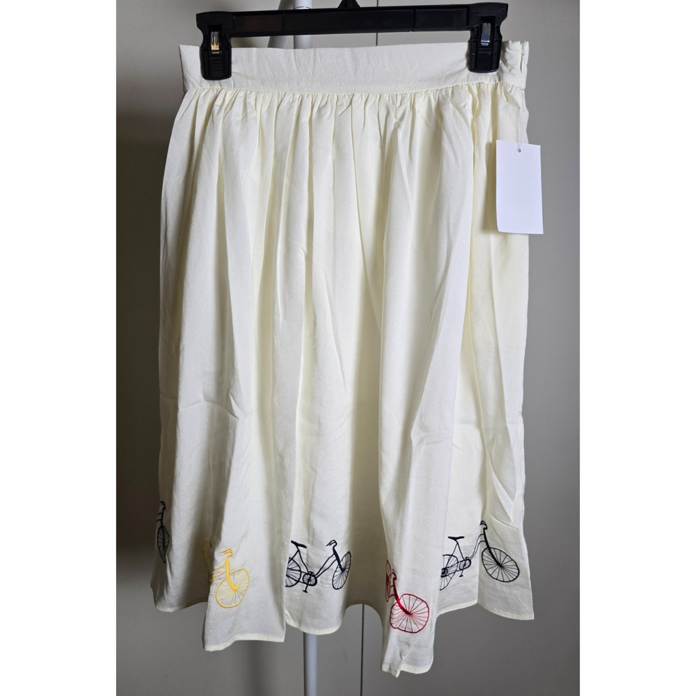 Tulip B Ivory Bicycle Embroidered Midi Skirt Size S NWT Pockets Lined - Picture 2 of 8